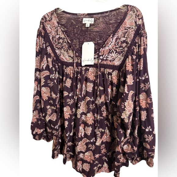 Wonderly Tops - Wonderly Women’s Large Dark Purple and Pink Floral Blouse with lace details boho